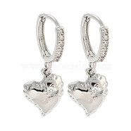 Heart Brass Micro Pave Clear Cubic Zirconia Huggie Hoop Dangle Earrings for Women, Platinum, 25.5x5mm(AJEW-U003-03P)