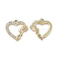 Rack Plating Alloy Crystal Rhinestone Pendants, Hollow Heart with Rose Charms, Golden, 21.5x20.5x3mm, Hole: 2mm(RB-L036-VF899-2)