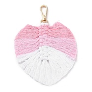 Handmade Braided Macrame Cotton Thread Leaf Pendant Decorations, with Brass Clasp, Pink, 13.5cm(GLAA-K060-08KCG-05)