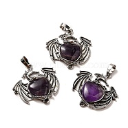 Natural Amethyst Heart Pendants, Dragon Charms, with Rack Plating Antique Silver Plated Brass Findings, Lead Free & Cadmium Free, 33x33.5~34x7~7.5mm, Hole: 8x5mm(KK-K331-01AS-08)