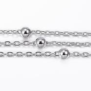 304 Stainless Steel Cable Chains, Satellite Chains, with Steel Round Beads, Soldered, with Spool, Flat Oval, Stainless Steel Color, 2.5x1.9x0.3mm, about 65.61 Feet(20m)/roll(CHS-H009-09P)