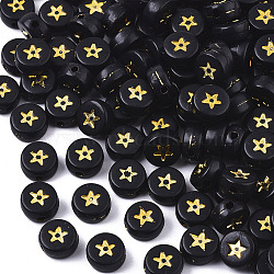 Opaque Acrylic Beads, Flat Round with Star, Black, Golden Plated, 7x4mm, Hole: 1.5mm(X-PACR-N006-006A-02A)