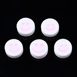 Handmade Polymer Clay Beads, for DIY Jewelry Crafts Supplies, Flat Round with Smiling Face, Pearl Pink, 10x4~4.5mm, Hole: 1.8mm(X-CLAY-N008-040K)