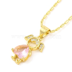 Brass Pave Cubic Zirconia Girl Love Pendant Necklaces for Women, Real 18K Gold Plated, Pink, 16.93 inch(43cm)(NJEW-S430-01G-02)