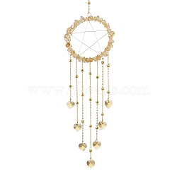 Wire Wrapped Natural Citrine Chips Ring Hanging Ornaments, Glass Heart Tassel Suncatchers for Indoor Window Patio Garden Decorations, 314mm(HJEW-JM02371-03)