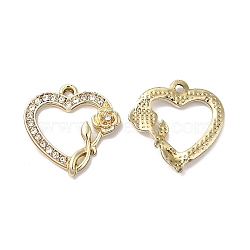 Rack Plating Alloy Crystal Rhinestone Pendants, Hollow Heart with Rose Charms, Golden, 21.5x20.5x3mm, Hole: 2mm(RB-L036-VF899-2)