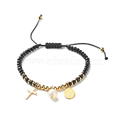Natural Malaysia & Pearl Braided Bead Bracelet for Girl Women, Cross & Oval 304 Stainless Steel Charm Bracelet, Golden, Black, Inner Diameter: 2-1/8 inch(5.4~9cm)(BJEW-JB06958-02)