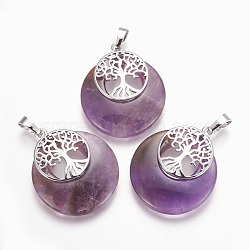 Natural Amethyst Pendants, with Platinum Tone Brass Findings, Flat Round with Tree of Life, 32.5~33x27.5~28x5~6mm, Hole: 5x7mm(G-F573-C20)