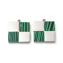 Synthetic Malachite Charms, with 304 Stainless Steel Findings, Square Charms, Stainless Steel Color, 14x12x2mm, Hole: 1.2mm(STAS-L022-203P)