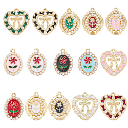 30Pcs 15 Styles Alloy Enamel Pendants, with Plastic Beads/Rhinestone, Golden, Mixed Shapes, 22~23x16~21mm, 2pcs/style(FIND-SC0023-25)