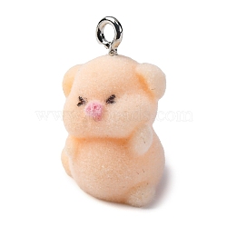 Flocky Resin Pendants, Pig, with Platinum Iron Loop, PeachPuff, 24.5x18x14.5mm, Hole: 2.3mm(FIND-S001-01B)