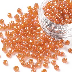 Round Glass Seed Beads, Transparent Colours Rainbow, Round, Gold, 4mm(SEED-A007-4mm-169)