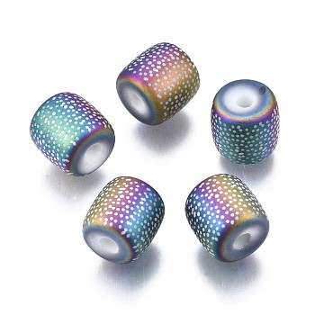 Electroplate Glass Beads, Frosted, Column with Polka Dot Pattern, Colorful, 11.5x11.5mm, Hole: 2.5mm, about 100pcs/bag