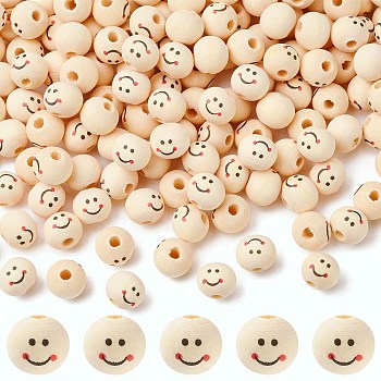 Printed Wood Beads, Round with Smiling Face Pattern, Undyed, Bisque, 12x11mm, Hole: 2.9mm, about 1000pcs/500g