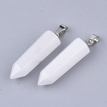 Natural White Jade Point Pendants, with Platinum Tone Brass Findings, Bullet, 35~37x10~11x9~10mm, Hole: 6~7x2.5~4mm
