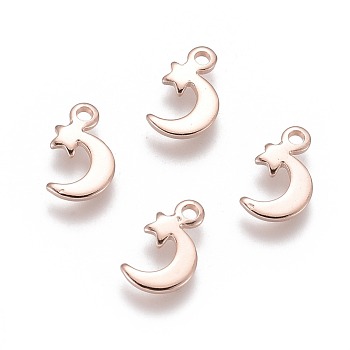 201 Stainless Steel Charms, Moon with Star, Rose Gold, 11x7x1mm, Hole: 1.5mm