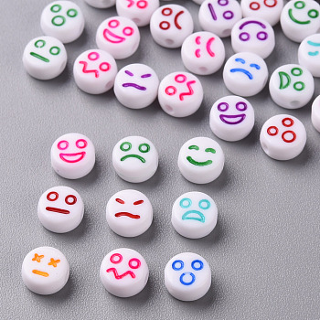 White Opaque Acrylic Beads, Flat Round with Expression, Mixed Color, 7x4mm, Hole: 1.6mm