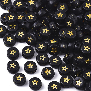 Opaque Acrylic Beads, Flat Round with Star, Black, Golden Plated, 7x4mm, Hole: 1.5mm