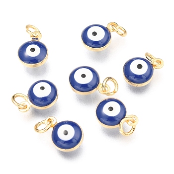 Brass Enamel Beads, Real 18K Gold Plated,Long-Lasting Plated, with Jump Ring, Flat Round with Evil Eye, Slate Blue, 9.5x6.5x4.5mm, Hole: 2.5mm