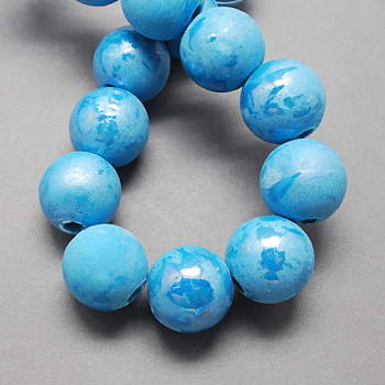 Handmade Porcelain Beads, Pearlized, Round, Deep Sky Blue, 8mm, Hole: 2mm