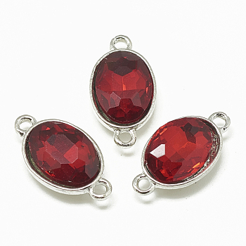 Alloy Glass Links connectors, Faceted, Oval, Platinum, Red, 22x12x6mm, Hole: 1.5mm