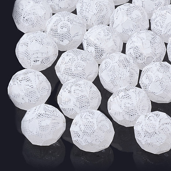 Lace Pattern Spray Painted Transparent Acrylic Beads, Faceted, Round, White, 19~20mm, Hole: 3mm