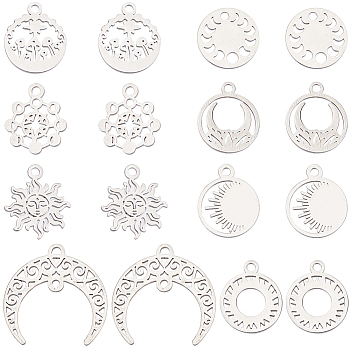 16Pcs 8 Style 304 Stainless Steel Charms, Mixed Shapes, Stainless Steel Color, 12~20x12~20x1mm, Hole: 1.5~2mm, 2pcs/style