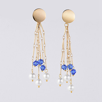 Long Tassel Earrings, Brass Dangle Stud Earrings, with Rhombus Glass, Glass Pearl Beads and Earring Backs/Ear Nuts, Golden, Blue, 92mm, Pin: 0.7mm