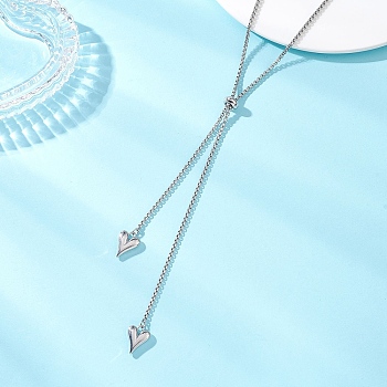 Adjustable Alloy Heart Pendant 304 Stainless Steel Box Chain Lariat Necklaces for Women, Stainless Steel Color, 31.50 inch(80cm)