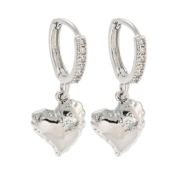 Heart Brass Micro Pave Clear Cubic Zirconia Huggie Hoop Dangle Earrings for Women, Platinum, 25.5x5mm
