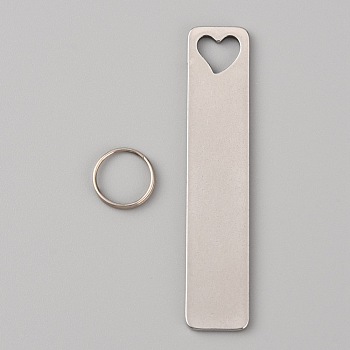 304 Stainless Steel Keychain, with Iron Key Rings, Rectangle with Heart, Stainless Steel Color, 5x1cm