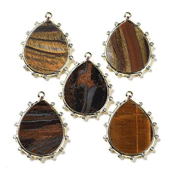 Natural Tiger Eye Pendants, Rack Plating Golden Tone Brass Pave Clear Cubic Zirconia Teardrop Charms, 30.5x23.5x2mm, Hole: 1.4mm