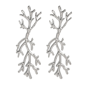 304 Stainless Steel Tree Branch Stud Earrings, Silver, 69x24mm