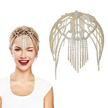 Metal Rhinestone Tassel Hair Chain Hat for Bridal, Golden, 300x376x6mm