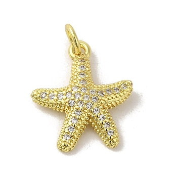 Brass Micro Pave Cubic Zirconia Pendants, Real 18K Gold Plated, Starfish Charms, Clear, 17.5x15x2.5mm, Hole: 3mm