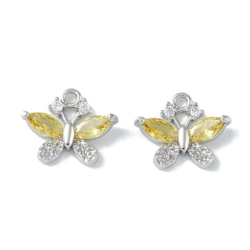 Brass Micro Pave Clear Cubic Zirconia Charms, with Glass, Butterfly, Real Platinum Plated, Gold, 11x13.5x4mm, Hole: 1.2mm