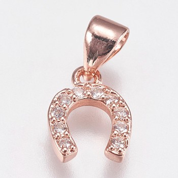 Brass Micro Pave Cubic Zirconia Charms, Horseshoe, Rose Gold, 10x8x2mm, Hole: 3.5x4.5mm