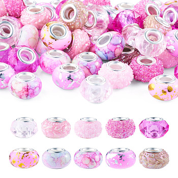 100Pcs 10 Styles Resin European Beads, Large Hole Beads, Imitation Porcelain, with Platinum Tone Brass Double Cores, Rondelle, Pink, 13.5~14x8.2~9mm, Hole: 5mm, 10pcs/style