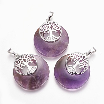 Natural Amethyst Pendants, with Platinum Tone Brass Findings, Flat Round with Tree of Life, 32.5~33x27.5~28x5~6mm, Hole: 5x7mm