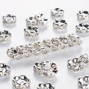 Middle East Rhinestone Spacer Beads, Clear, Brass, Silver Color Plated, Nickel Free, Size: about 7mm in diameter, 3.2mm thick, hole: 1mm