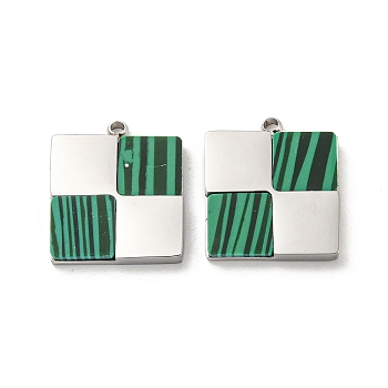 Synthetic Malachite Charms, with 304 Stainless Steel Findings, Square Charms, Stainless Steel Color, 14x12x2mm, Hole: 1.2mm