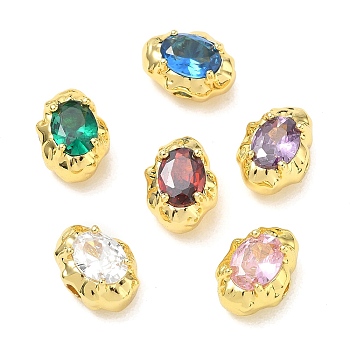 Brass Pave Cubic Zirconia Beads, Irregular Oval, Rack Plating, Long-Lasting Plated, Lead Free & Cadmium Free, Real 18K Gold Plated, Mixed Color, 13x9x7.5mm, Hole: 2.5mm