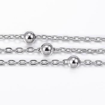 304 Stainless Steel Cable Chains, Satellite Chains, with Steel Round Beads, Soldered, with Spool, Flat Oval, Stainless Steel Color, 2.5x1.9x0.3mm, about 65.61 Feet(20m)/roll