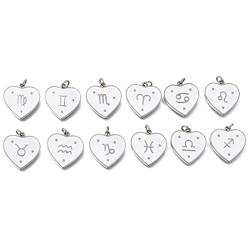 304 Stainless Steel Pendants, with Jump Rings and Enamel, Heart, Stainless Steel Color, 12 Constellations, 15x15x1.5mm, Hole: 2.8mm