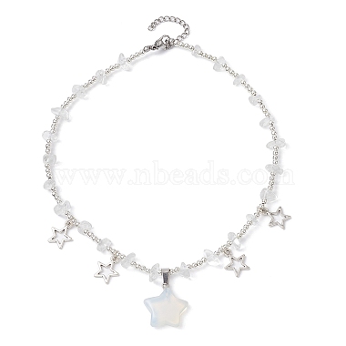 Opalite & Alloy Star Charms Bib Necklace with Chips Beaded Chains(NJEW-JN04512-02)-3