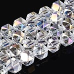 Electroplate Glass Beads Strands, Polygon, Faceted, Half Plated, Clear, 11~12x10.5~11x9mm, Hole: 0.9~1mm, about 59~60pcs/strand, 26.38~26.77''(67~68cm)(EGLA-T021-21A)