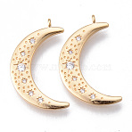 Brass Micro Pave Clear Cubic Zirconia Pendants, Nickel Free, Moon, Real 18K Gold Plated, 27x16x2mm, Hole: 1.4mm(KK-N232-150-NF)