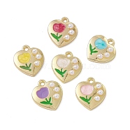 ABS Plastic Imitation Pearl Pendants, with Golden Tone Alloy Findings and Enamel, Heart with Flower Charm, Mixed Color, 15x14x4mm, Hole: 1.6mm(PALLOY-K259-04)