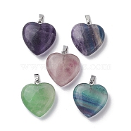 Natural Fluorite Pendants, Heart Charms with Stainless Steel Color Plated Stainless Steel Snap on Bails, 27~27.5x25x9~9.5mm, Hole: 7.8x2.8mm(G-C110-11P)