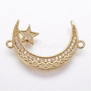 Brass Micro Pave Cubic Zirconia Links, Moon and Star, Golden, 18x27x2mm, Hole: 1mm(ZIRC-G095-36G)